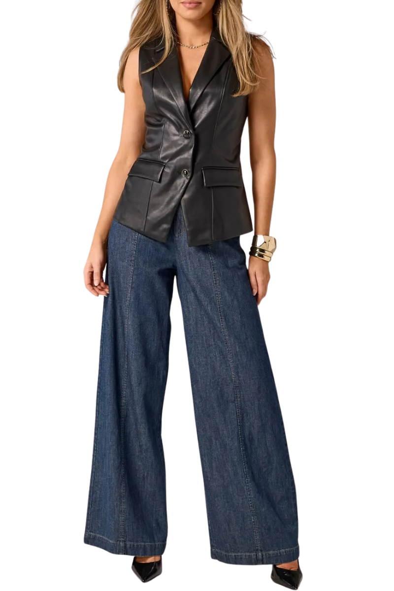 Try A Waistcoat with Wide-Leg Jeans